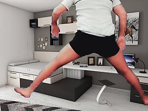Jumping in nylon and in short hot shorts of my stepsister