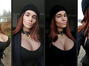 Sexy crossdresser in rainy latex afternoon walk