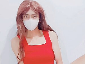 Cute Asian Redhead Trap Cum While Dildo Riding
