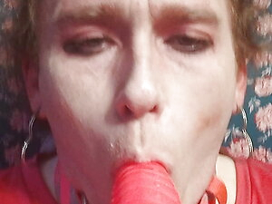 Big tit femboy sucking a dildo wishing it was a real cock