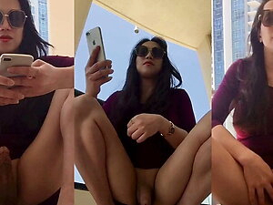 asian shemale ramp in hotel balcony showing her cock