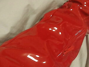 Red tranny fetish high knee boots